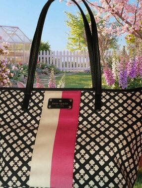 KATE SPADE Classic Small Harmony Tote Bag in Black and Cream with a Pink Stripe